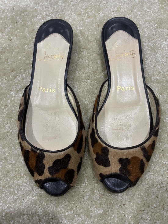 Christian Louboutin Shoes - Christian Louboutin Leopard Print Calf Hair Peep-Toe Flat Slides/Mules